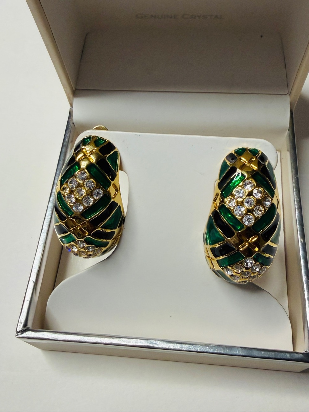 Gold-Tone Green Enamel Clip-On Earrings with Clear Crystals